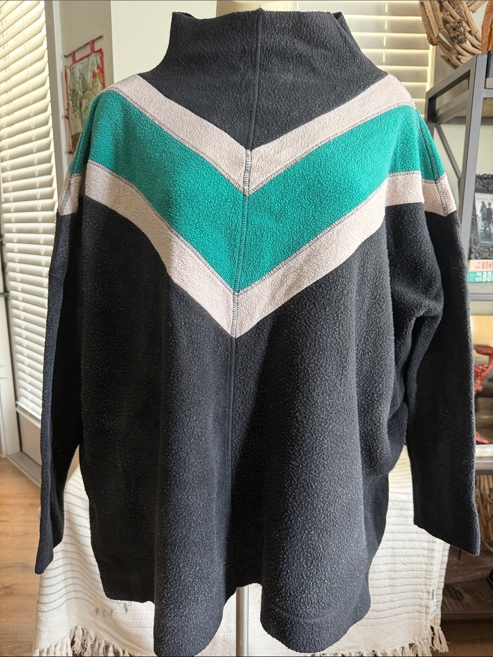 Free People Black Pullover Sweater with Teal and Cream Chevron